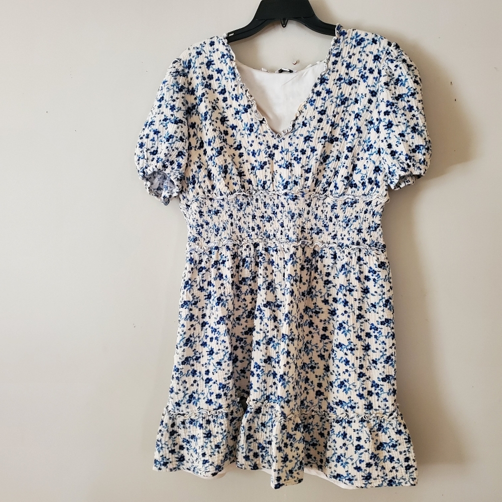 AVLN Cotton Indigo Floral Mini Dress Boho Natural V Neck Size XL